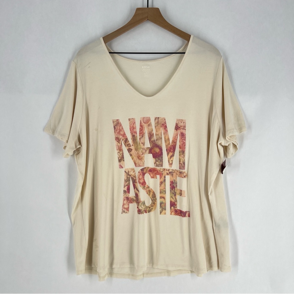 Avenue Your Tee Cream Graphic with‎ 'Namaste' Print V-Neck Stretch Knit 22/24